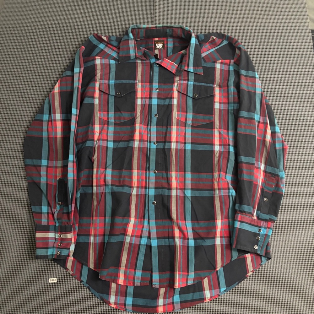 Karman Mens Plaid Western Pearl Snap Shirt Teal Red Navy Long Sleeve Cowboy XL